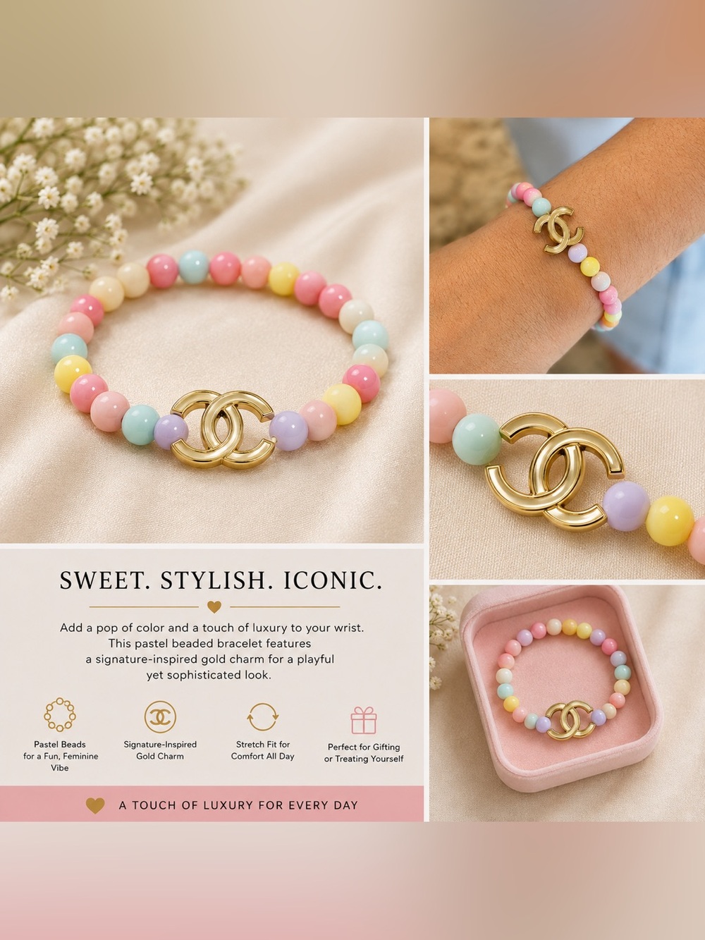 CHANEL Pastel Multi-Color Beaded Bracelet with Gold Double C Logo